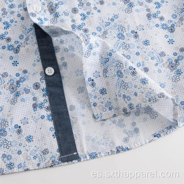 Camisas casuales con estampado de flores azules de manga corta para hombre
